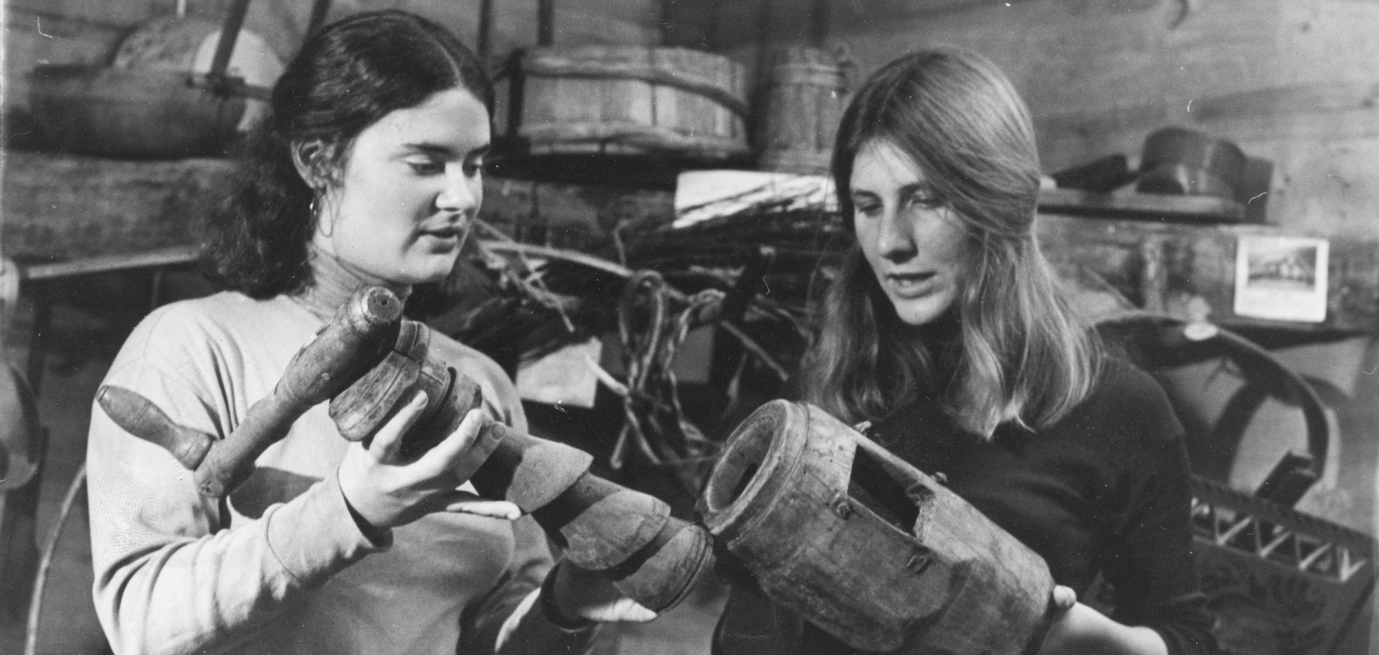 Liese and Linda examine a traditional potato masher